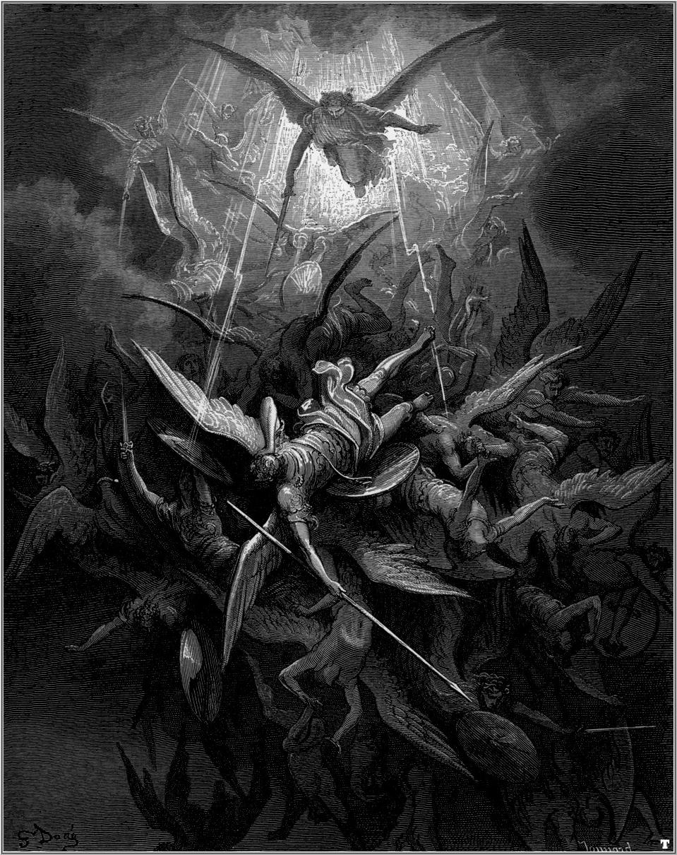 Michael casts out rebel angels. Illustration by Gustave Doré for John Milton's Paradise Lost.
